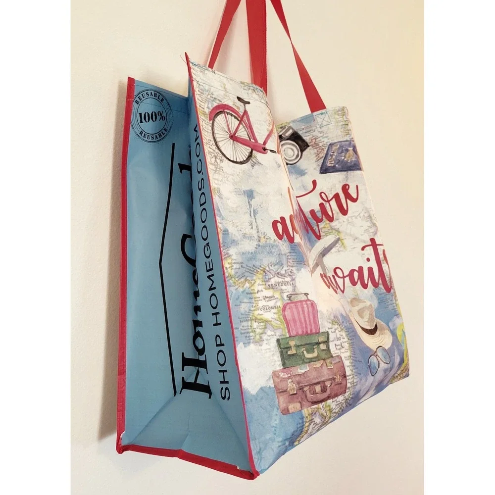 Homegoods Shopping Bag Adventure Awaits Travel Plane Bike Hat Reusable Tote New